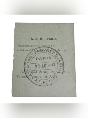 WWI 1918 US Army AEF Paris Assistant Provost Marshal APM Registration Coupon Pas